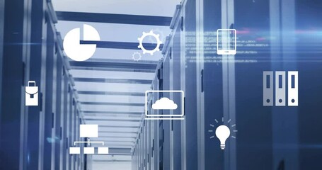 On sequence starting camera moving forward server aisle while icons pulsing illustrating monitoring - Powered by Adobe