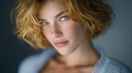 Naklejka premium Beautiful Woman Portrait Close up Blonde Hair Freckles Soft Light Neutral Background