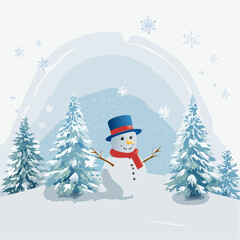 A peaceful winter-themed image with snowflakes, a snowman, and frosty trees in soft, icy tones.