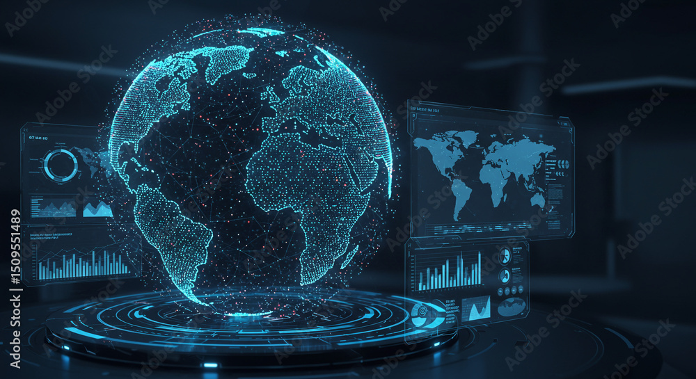 Aufkleber a digital earth globe with data screens showing charts and a world map in a futuristic setting