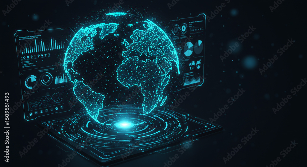 Poster a glowing blue earth hologram with data screens and circular platform on a dark background scene
