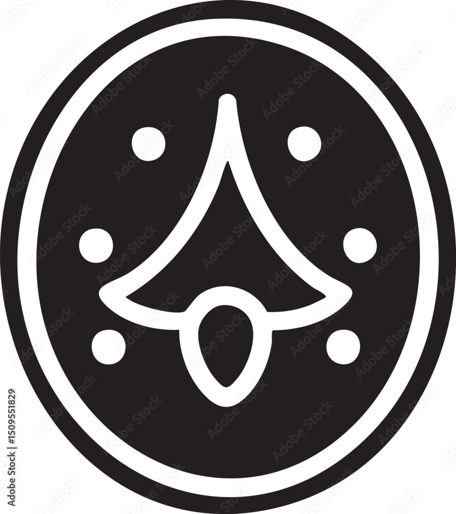 Poster stylized circular emblem features a bell-shaped element with scattered dots.