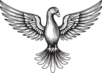 Obraz premium detailed black and white engraving depicts a soaring pigeon with outstretched wings.