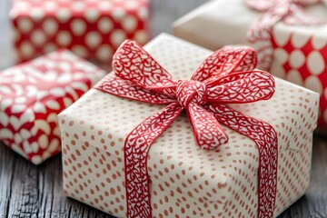 Closeup of Gift Box with Red Ribbon and Polka Dots