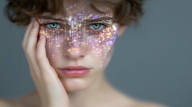 Thoughtful Woman Data Overlay Abstract Futuristic Technology Portrait