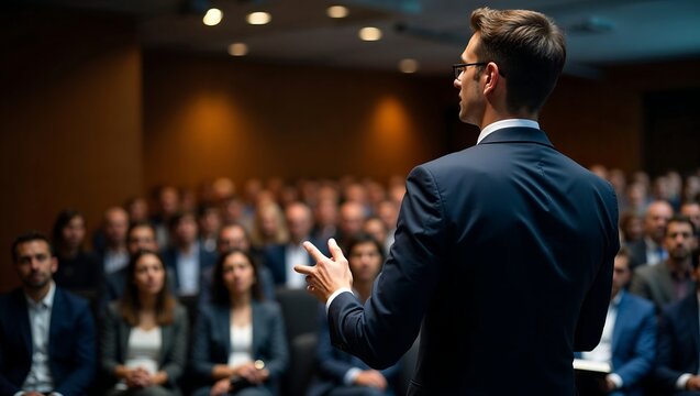 speaker presenting to audience in conference hall, 