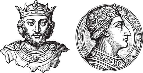 Obraz premium Two regal portraits of medieval monarchs are presented in a detailed black and white .