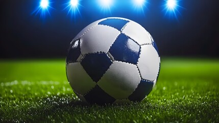 Soccer Ball on Grass Night Game Stadium Lights