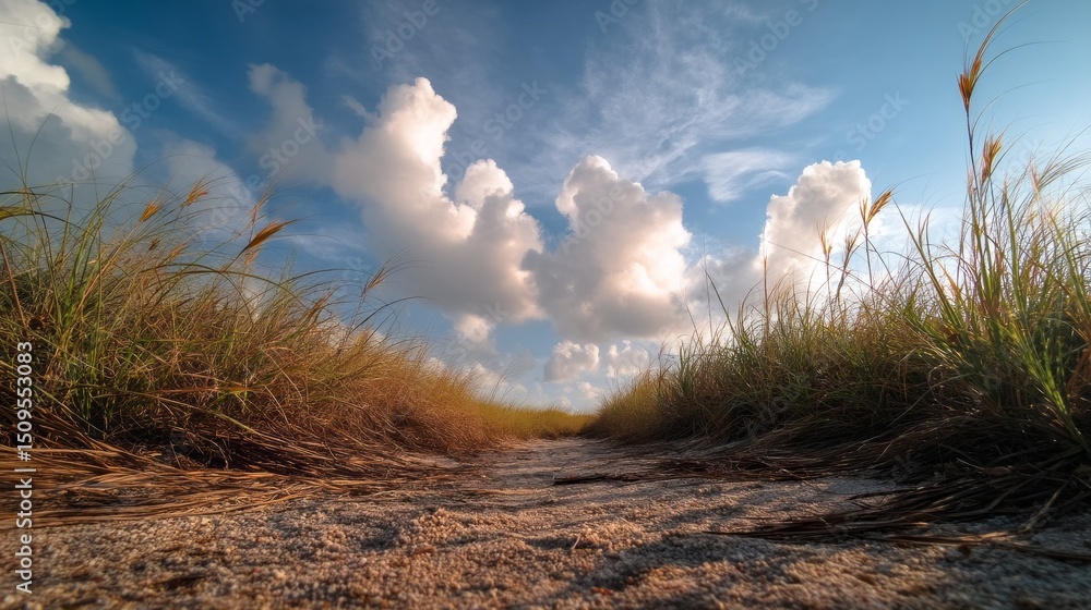 Aufkleber A tranquil pathway lined with tall grass leads to a beautiful sandy beach. Fluffy clouds float above, creating a serene atmosphere during the soft light of the evening
