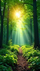 Fototapeta premium Sun-drenched forest clearing, vibrant green canopy overhead, dappled sunlight on lush undergrowth, peaceful and serene natural beauty , untamed, serene