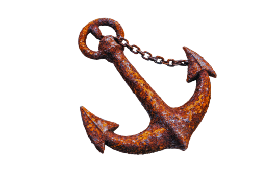 A rusty old ship anchor with chain isolated transparent background nautical vintage image