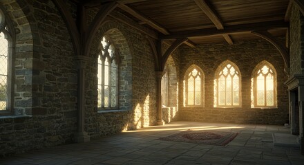 Fototapeta premium Stone hall interior with gothic windows