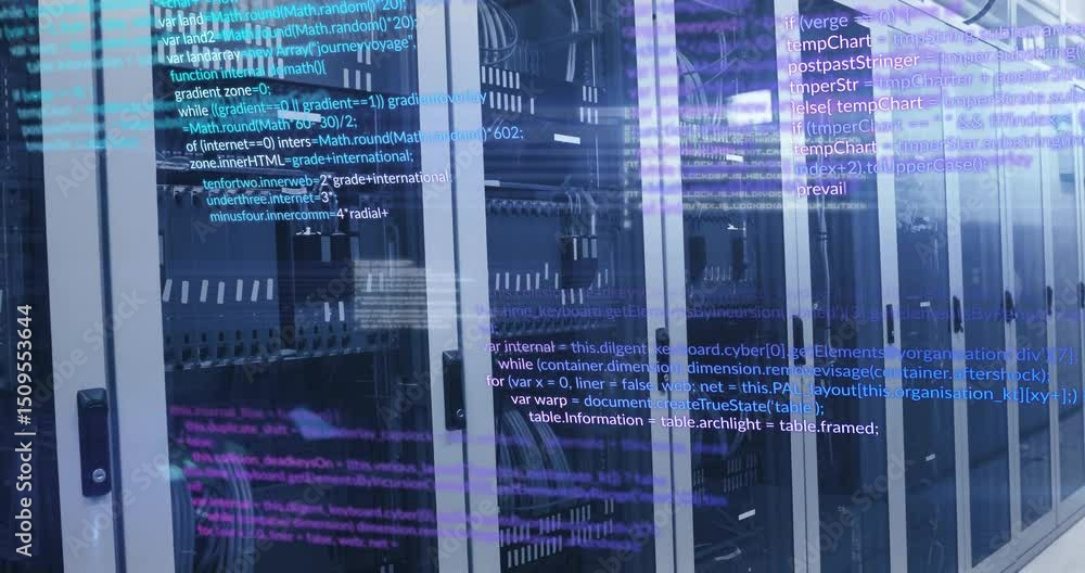 Poster on startup, code streams scrolling and pulsing across server cabinets, visualizing live data flow