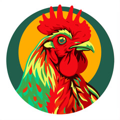 Bold multicolor rooster head in layered paper cut vector style, with vibrant feathers and dramatic contrast, perfect for farm decor and animal-themed prints