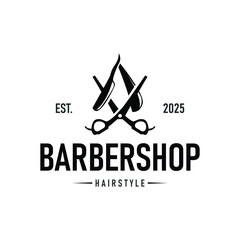 vintage retro modern barbershop logo design, barber shop concept, with cool hair style and silhouette icon of shaving equipment illustration template for product brand, business, and shop
