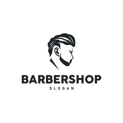 vintage retro modern barbershop logo design, barber shop concept, with cool hair style and silhouette icon of shaving equipment illustration template for product brand, business, and shop