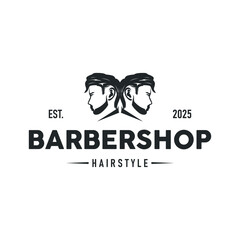 vintage retro modern barbershop logo design, barber shop concept, with cool hair style and silhouette icon of shaving equipment illustration template for product brand, business, and shop