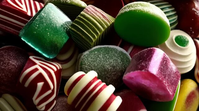 Assortment of colorful hard candies and gummy sweets with red background in a close-up, bright and shiny assortment.