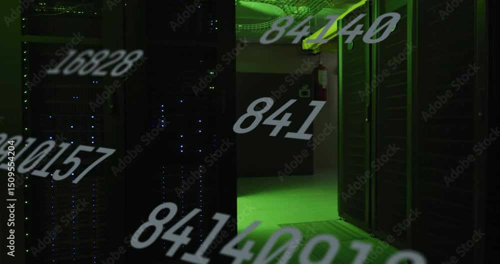 Poster numeric overlay updating every second in green-lit rack aisle displaying metrics while leds pulsing