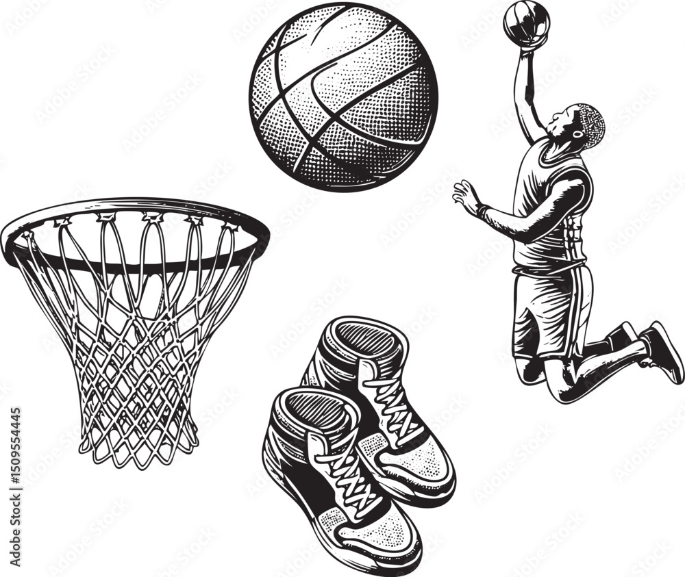 Poster dynamic basketball player leaps towards a floating ball above a hoop.