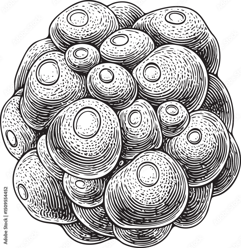 Poster cluster of rounded textured spheres fills a circular arrangement.