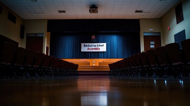 Empty school auditorium with chairs set and banner on stage reading Back to School Assembly