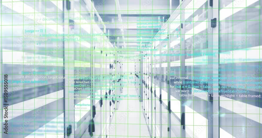 Poster green grid overlay appearing over server corridor, driving teal code streams illustrating data flow