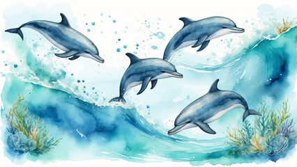 Obraz premium background with dolphins, ocean waves, seaweed and bubbles