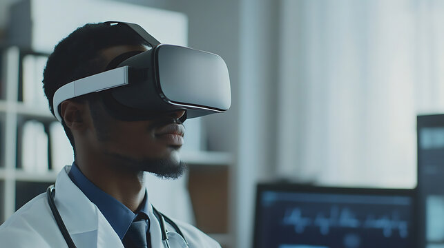 Doctor Wearing VR Headset in a Medical Setting