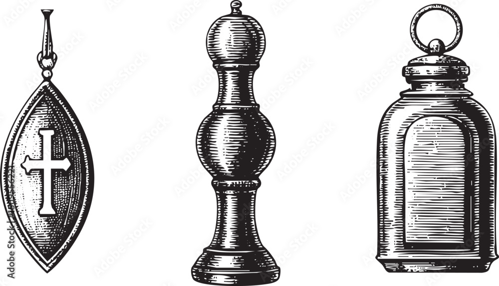 Poster three antique objects—a medallion a chess piece and a flask—are arranged in a linear composition.