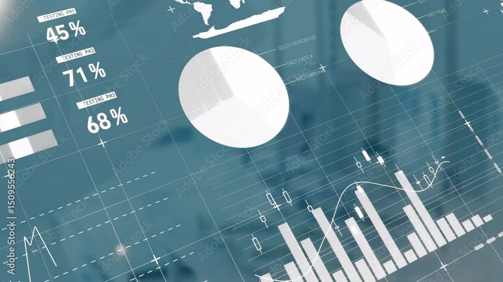Poster upon data refresh, data interface updating business metrics with animated charts in meeting room