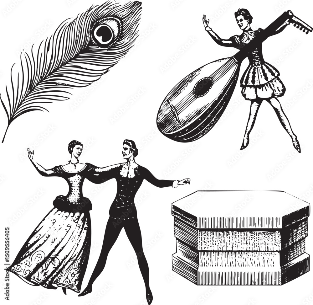 Poster couple gestures towards a stack of books with a lute and feather.
