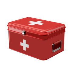 A red metal first aid box with white crosses on the top and front sitting on a white surface area space on transparent background