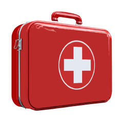 Obraz premium A red first aid kit with a white cross symbol on the front and a handle on top is isolated on white on transparent background