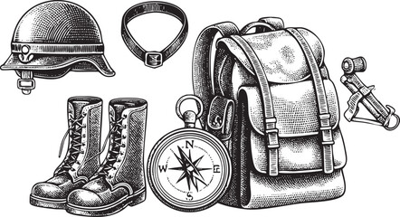 detailed black and white showcases a military helmet boots backpack compass and belt.