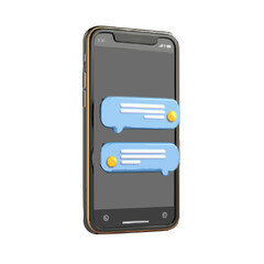 Smartphone displaying two blue chat bubbles with text lines and yellow circular accents on a gray screen on transparent background