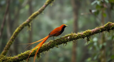 Fiery-tailed Bird Perched on Mossy Branch A Serene Rainforest Portrait