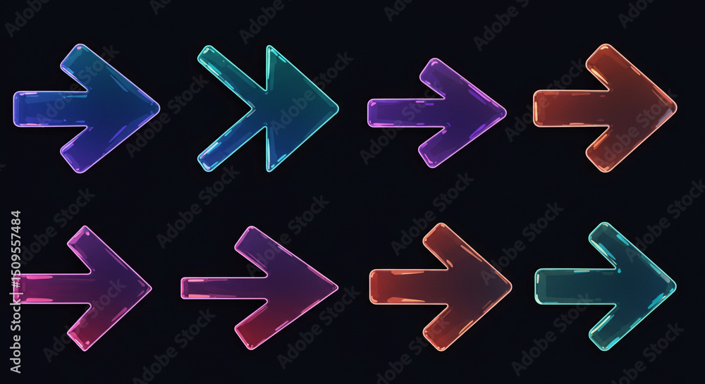 Poster a grid of eight colorful translucent right pointing arrows on a dark black background in a pattern