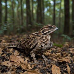 Fototapeta premium A brown, horned avian animal with a sharp beak and keen eye sits wild in the forest nature