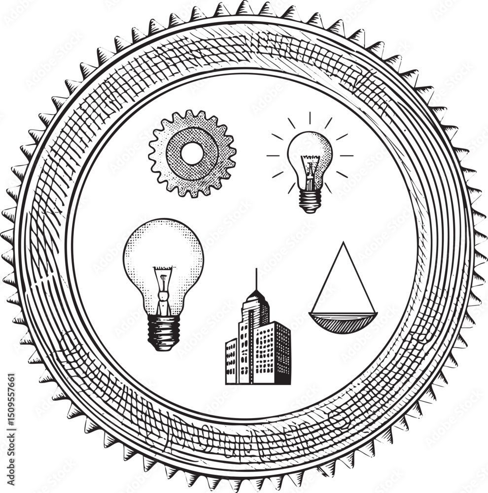 Poster circular emblem features mechanical elements and architectural forms.
