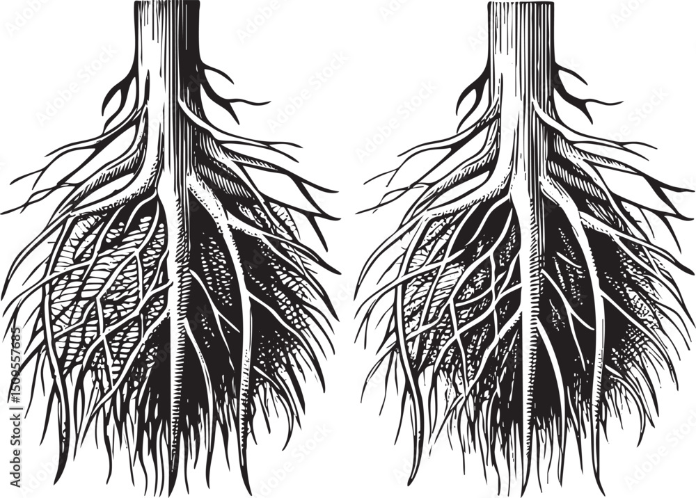 Poster two tree roots emerge from the earth displaying intricate .