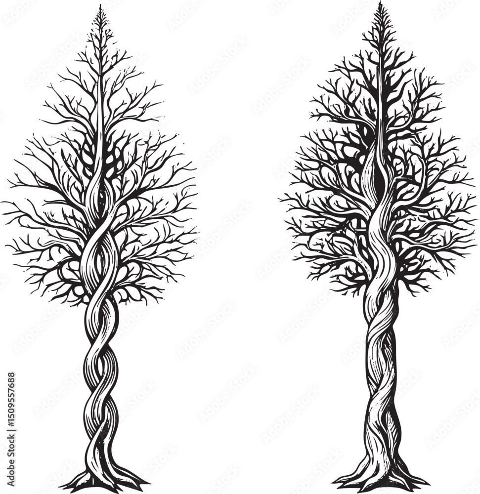 Aufkleber two stylized trees display a spiraling intertwined trunk .