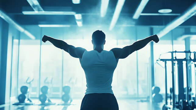 Muscular individual flexing arms in a well-lit gym environment