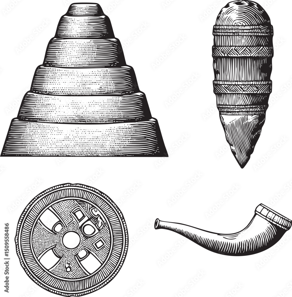 Poster monochrome depicts a tiered structure a curved horn-shaped object and a circular disc.