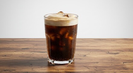 Iced Coffee: Creamy Foam, Dark Brew, Rustic Wood