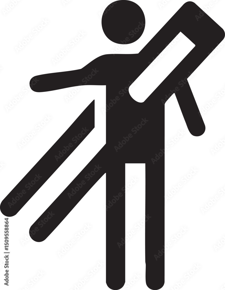 Poster stick figure gestures with an open hand towards a rectangular space.