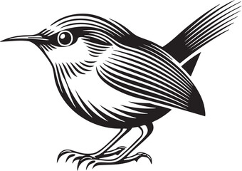 Fototapeta premium stylized black and white wren perches on a branch.