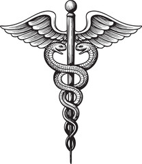 black and white caduceus symbol features a coiled serpent wrapped around a staff.