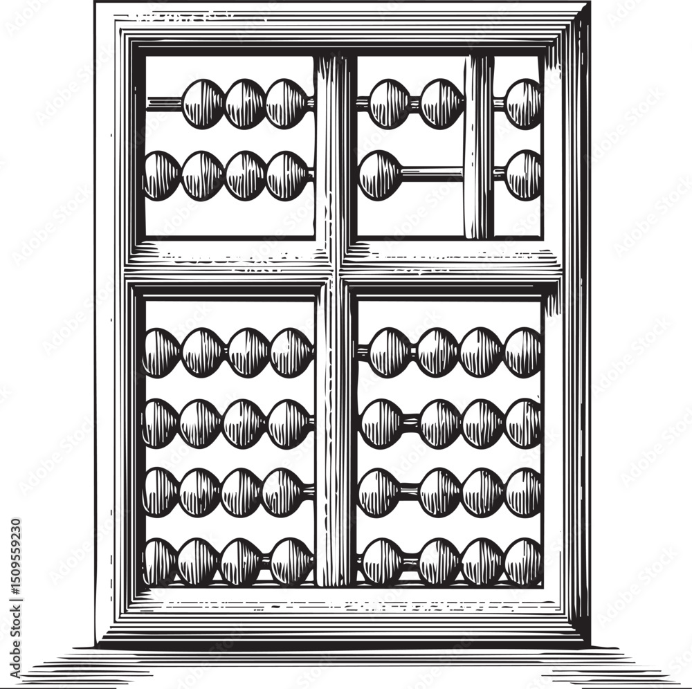 Poster detailed black and white of a wooden window with multiple rows of small rounded beads.