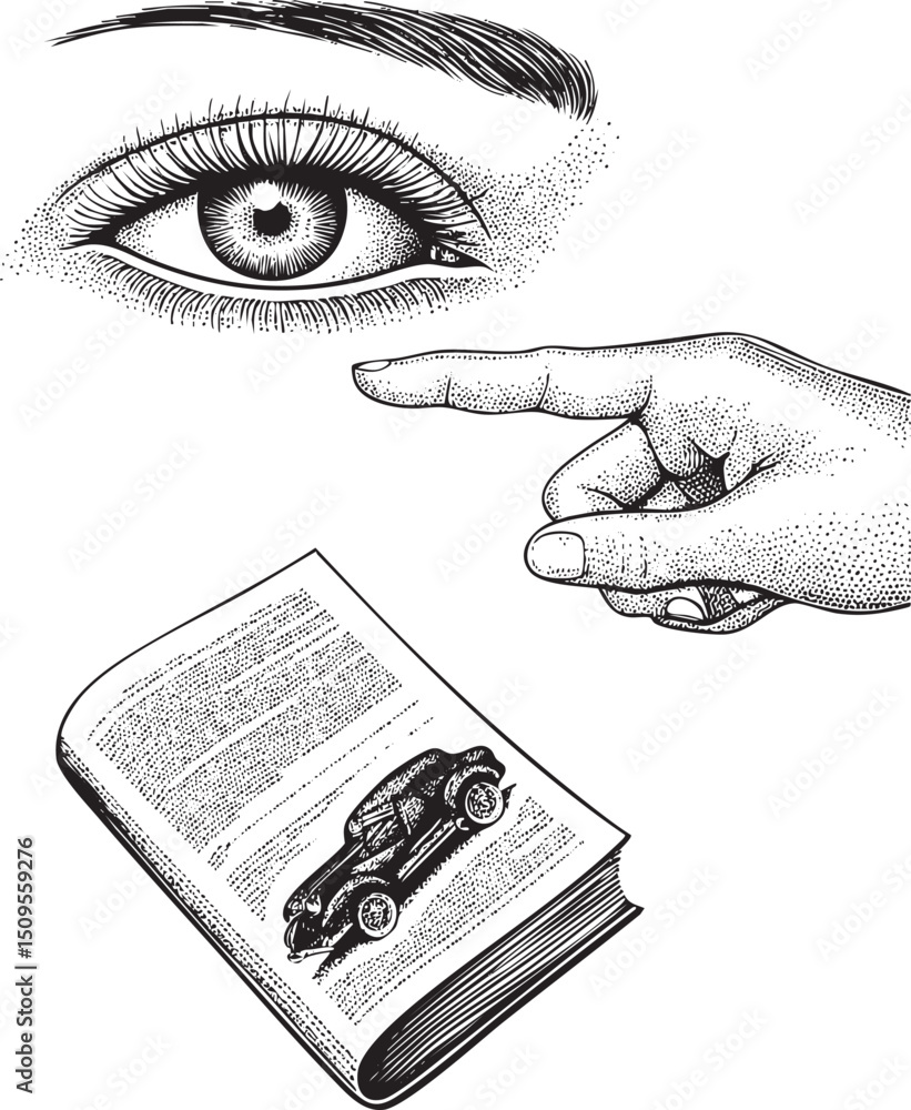 Poster hand points to a vintage automobile within an open book with a close-up eye observing the scene.